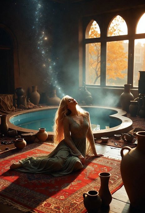 A fantasy illustration of a woman in a flowing gown next to an indoor pool, surrounded by pottery, with magical sparkles falling from the ceiling near a large arched window.