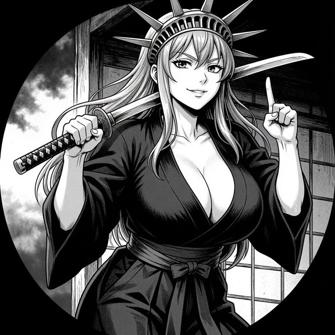 A black-and-white manga-style illustration depicts a confident woman wearing a Statue of Liberty-inspired spiked crown, holding a katana over her shoulder and pointing upward, styled as an "Liberty Girl" character. The post references her as a figure in the PulseCoin narrative, positioning her as a key player in an upcoming confrontation with a mysterious "final boss."