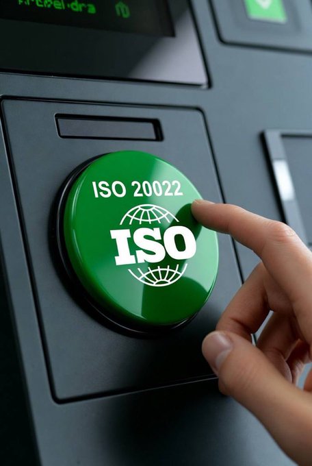 A hand pressing a large green button labeled 'ISO 20022' and 'ISO' with a globe icon.