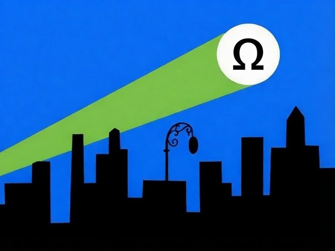A silhouette of a cityscape at night with a green spotlight beam shining across the sky toward a white circle containing the Omega (Ω) symbol.