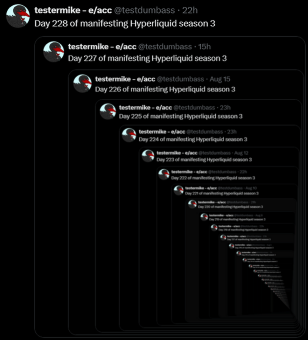 A screenshot of a recursive Twitter thread from user @testdumbass (@testermike - e/acc), where each tweet says "Day N of manifesting Hyperliquid season 3," with each post quoting the previous one, forming a shrinking spiral.