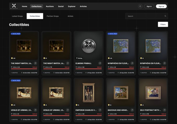 An NFT marketplace page titled "Collectibles" featuring famous artworks like "The Night Watch" (Edition of 10), "Elmonix Pinball," "Nymphéas en Fleur," and "Venus of Urbino," all marked as "Sold out" and "Dropped."