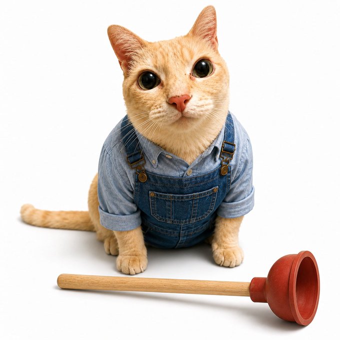 A digital illustration of an orange tabby cat wearing denim overalls over a blue shirt, sitting next to a red rubber plunger with a wooden handle.