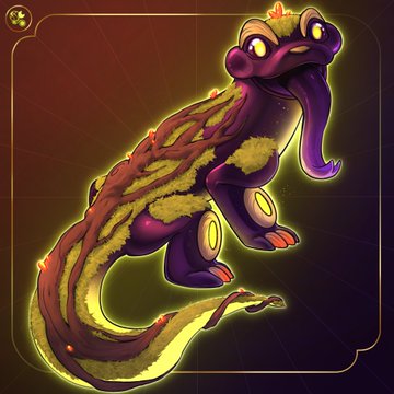 A stylized digital illustration of a purple and yellow lizard-like creature with glowing eyes and saddle markings, set against a dark background with a glowing aura.