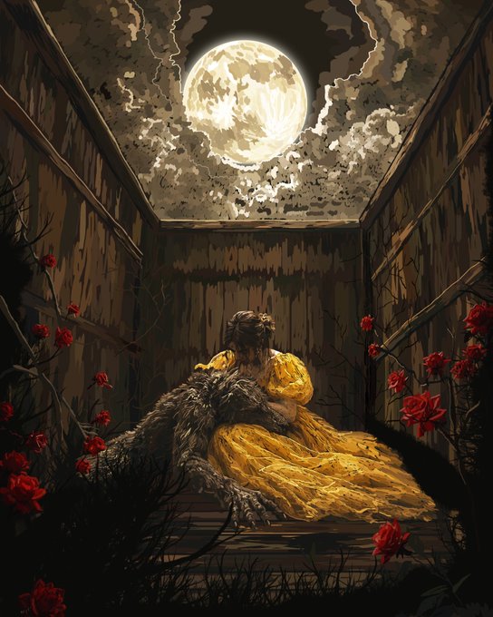 A gothic illustration of a woman in a flowing yellow dress sitting with a dark creature in a wooden enclosure under a full moon, surrounded by red roses.