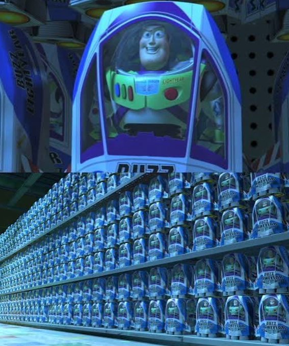 A towering "Buzz Lightyear" toy display dominates the top half, with shelves stacked full of boxed Buzz Lightyear figures below, prominently labeled "BUZZ" and "BUZZ LIGHTYEAR." The image humorously illustrates the post's hesitation to buy Bitcoin's dip, as Buzz Lightyear's famous catchphrase "To infinity and beyond" suggests the author is waiting for BTC to plummet below $50K before jumping in.