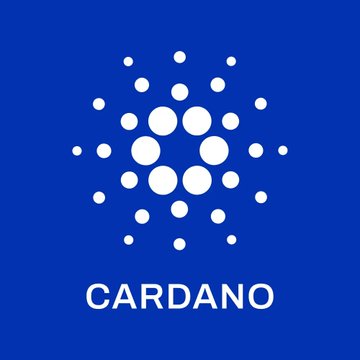The image displays the Cardano logo, featuring a pattern of white circles arranged in a radial, atomic-like design on a blue background, with the word "CARDANO" written below. This visual ties to the post's announcement of Cardano ($ADA) joining Coinbase's x402 kit, enabling AI agents to make payments without traditional accounts or cards.