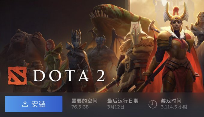 The Steam library/store page for the game 'DOTA 2', showing an installation button (安装), 76.5 GB of required space, a last played date of March 12, and 3,114.5 hours of total playtime.
