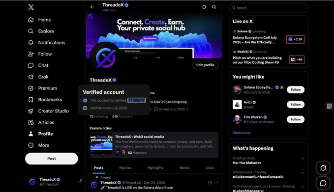 A screenshot of the ThreadX profile page on the X platform, showing a verified account with 73 following and 815 followers, featuring a "Connect. Create. Earn." banner for a private social hub powered by Solana.