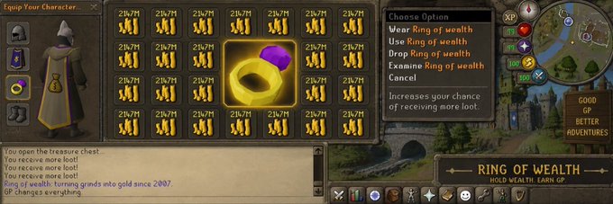 The image shows a RuneScape inventory screen where a player has selected a "Ring of wealth" (which grants an increased chance of receiving more loot) from a treasure chest containing multiple stacks of the item. While the Moby post references the Solana token $ROW, the image itself only displays the in-game Ring of Wealth item rather than any crypto-related content.