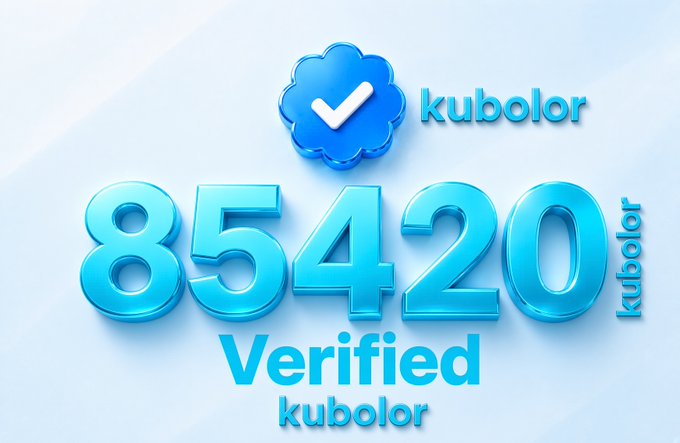 The image displays "85,420 Verified" in large glossy blue 3D numbers alongside a blue verified checkmark badge and "kubolor" branding, set against a light blue background. This celebratory achievement graphic pairs with the post's call-to-action encouraging viewers to comment "GROW" to help increase their verified count further.