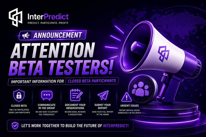 A purple-themed announcement graphic for 'InterPredict' (Predict. Participate. Profit.) calling for attention from beta testers, listing closed beta participation guidelines.