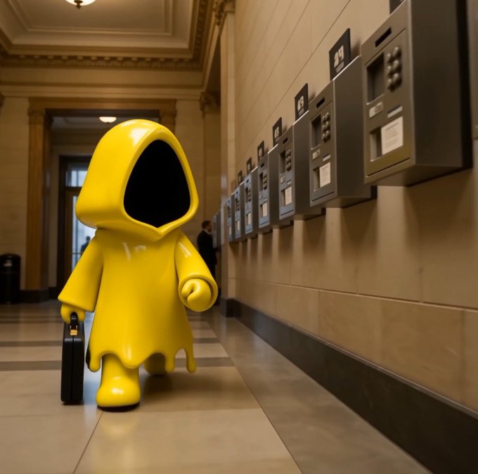 A glossy yellow hooded figure with a black void for a face stands in an ornate hallway holding a black briefcase, next to a wall lined with gray panels.