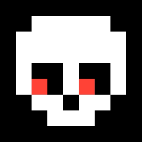 A pixel art skull emoji featuring white bones, black eye sockets and nose, and red cheeks set against a black background.