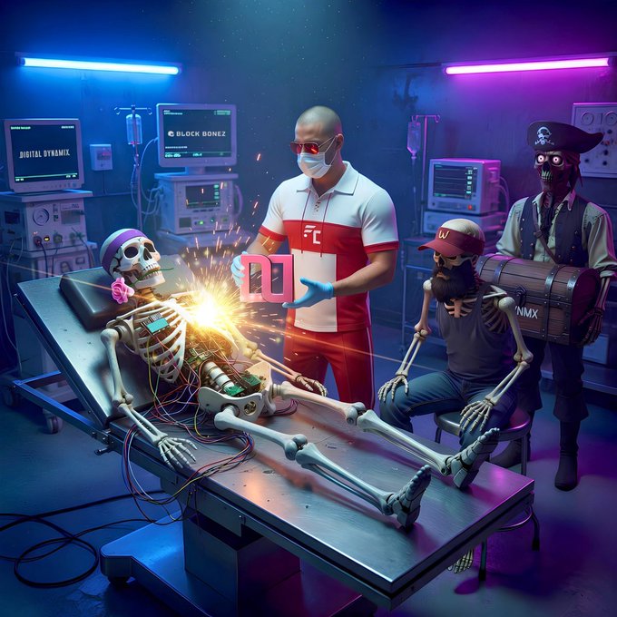 The image features a skeleton with a heart-shaped object attached to its chest, surrounded by medical equipment such as monitors and an IV bag. The skeleton appears to be undergoing some sort of medical procedure or treatment, possibly related to NFTs (Non-Fungible Tokens) in the context of digital assets. 

The post is titled "Very exciting times, @_DigitalDynamix #FlareNetwork #NFT" and includes a link that reads "@_DigitalDynamix". The image seems to be promoting or discussing NFTs, which are digital assets that can be bought, sold, and transferred between users.