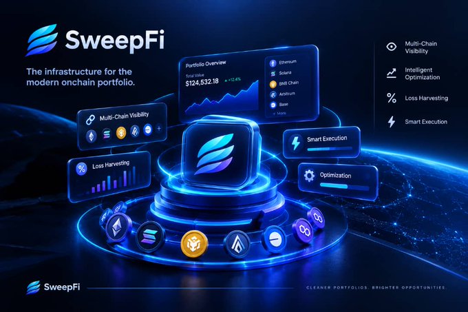 A promotional graphic for 'SweepFi - The infrastructure for the modern onchain portfolio,' displaying features like Multi-Chain Visibility, Loss Harvesting, and Smart Execution with a glowing blue design.