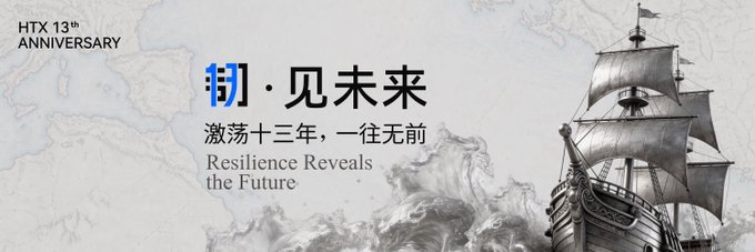 A promotional banner for HTX's 13th anniversary featuring a sailing ship on stormy waters, with text reading 'HTX 13th ANNIVERSARY', '钥·见未来', '激荡十三年，一往无前', and 'Resilience Reveals the Future'.