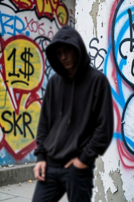 A young man wearing a black hoodie with the hood up stands in front of a wall covered in colorful graffiti, including a yellow speech bubble reading '1$ SKR'.