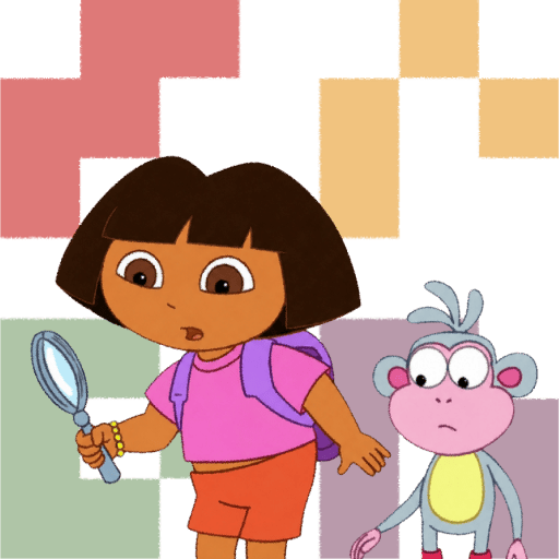 The image features a cartoon girl named Dora holding a magnifying glass over her head while standing next to a cartoon monkey wearing a backpack. The background of the image consists of various shades of pink and green, creating an artistic and colorful setting for their adventure. The caption at the bottom of the image reads "GM $GRAM community! ¡Vámonos! Backpack, Backpack, your wallet ready? Today we'r building the best projects and the strongest community on TON! Will you help?"