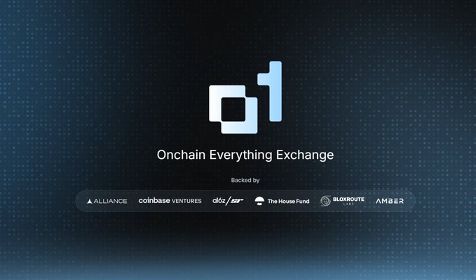 A logo for '01' with the text 'Onchain Everything Exchange' and 'Backed by' followed by logos for Alliance, Coinbase Ventures, OKX, a16z, The House Fund, Blockroute, and Amber.