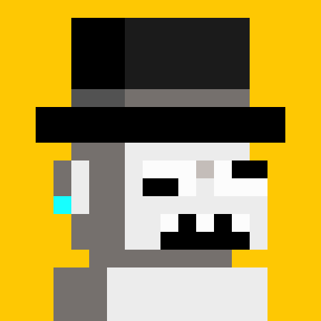 A pixel art character with a black top hat, monocle, and a tear, set against a yellow background.