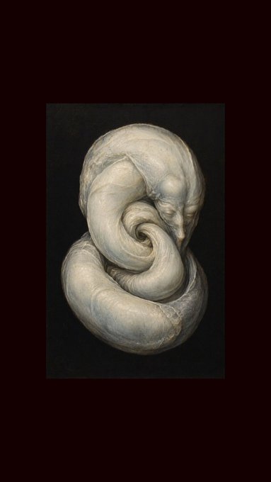 A surreal sculpture or painting on a dark background showing a pale, fleshy form twisted into a knot, with a faint face visible within the curves of the folded shape.