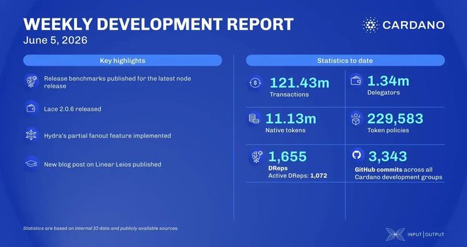The image shows a blue cardano development report with a white background. It displays various statistics about the project's progress over time, including the number of lines of code written, the size of the codebase, and the total amount of money spent on the project. The report also highlights key highlights for the week, which include the release date, the number of commits made, and the number of new features implemented.