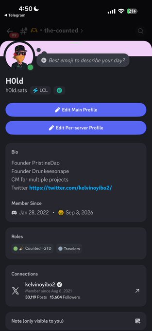 A screenshot of a Discord profile for "hold" (hold.sats / LCL) in the "the-counted" server, displayed on Telegram, showing a bio listing them as Founder of PristineDao and Drunkesnape with their Twitter @kelvinoyibo2. The post highlights the user's involvement across multiple crypto/DeFi Discord communities as a contributor (GTD role) and OG member.