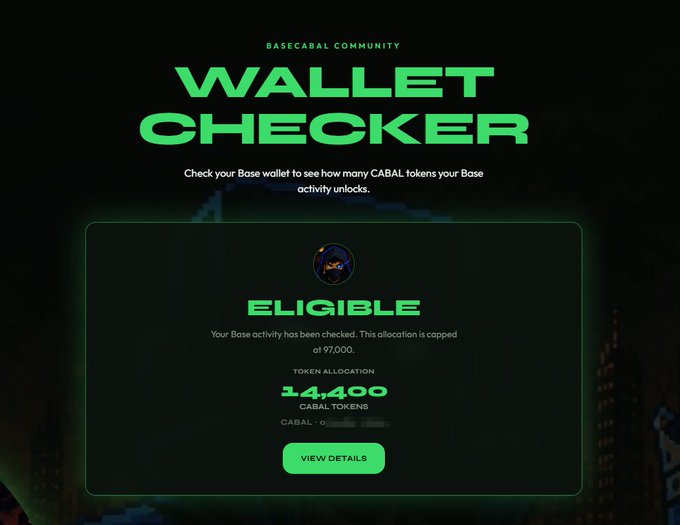 The BaseCabal Community “Wallet Checker” reports a Base wallet as eligible for a capped allocation of 14,400 CABAL tokens.