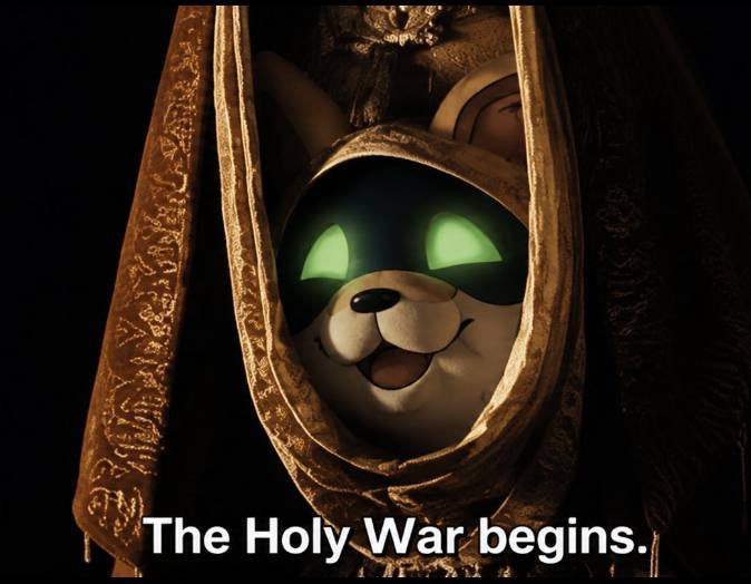 A meme image featuring the cartoon dog Cheems with glowing green eyes, wrapped in tattered cloth, with the caption 'The Holy War begins.'