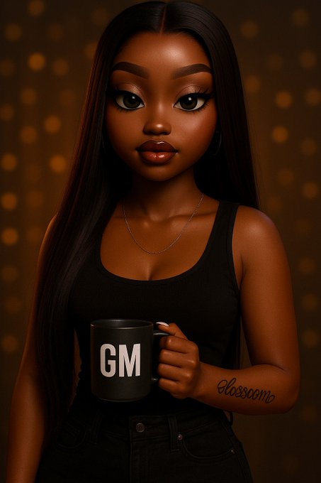 A stylized digital illustration of a dark-skinned woman with long black hair wearing a black tank top, holding a black mug with 'GM' written on it, with 'classcome' tattooed on her arm.
