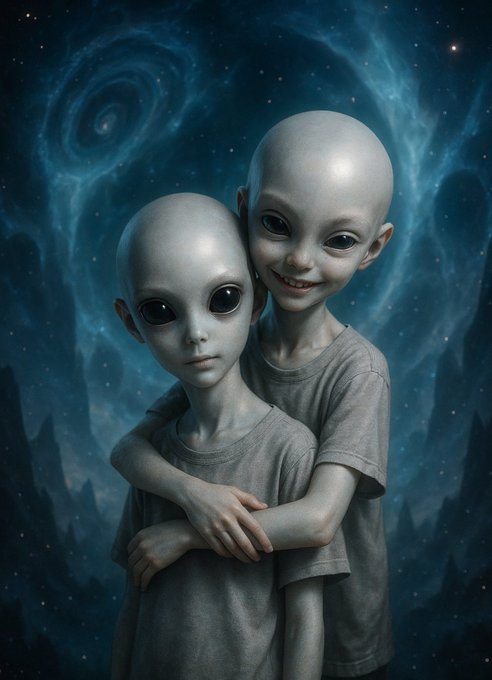 A digital artwork showing two large-headed, grey alien figures embracing each other against a cosmic background featuring a swirling galaxy.