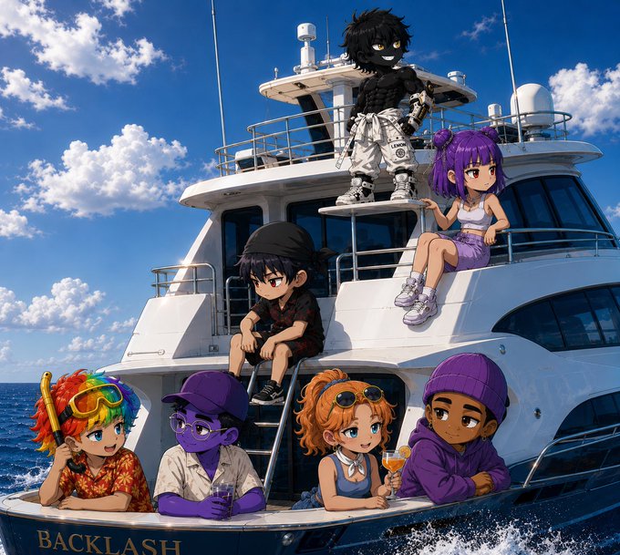 Anime-style illustration of six chibi characters posing on a yacht named 'BACKLASH' sailing through the ocean under a partly cloudy blue sky.