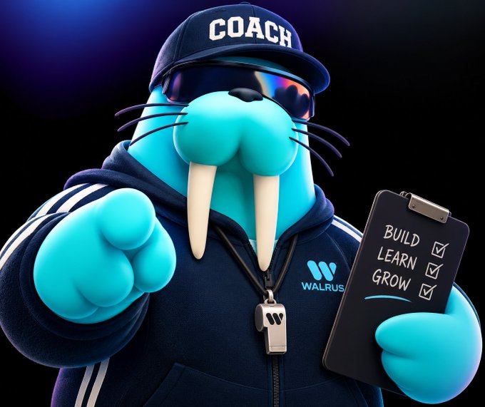A 3D-rendered blue walrus mascot wearing a 'COACH' cap, sunglasses, and a Walrus tracksuit, pointing at the camera while holding a clipboard listing 'BUILD, LEARN, GROW' with checkmarks.