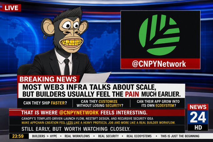 The image features a cartoon monkey sitting at a desk, wearing a suit and tie, with a news headline that reads "BREAKING NEWS Most Web3 infra talks about scale, but builders usually feel the pain much earlier. Can they ship faster? Can they customize without losing security? Can their app grow into its own ecosystem?". The image also includes a social media handle for @CNPYNetwork and a link to the post on Twitter.

The cartoon monkey is wearing a tie that has the words "BREAKING NEWS" written on it, which suggests that this is an important piece of news or information related to Web3 infra talks. The image also includes text about the pain felt by builders when they ship faster and how their app can grow into its own ecosystem.