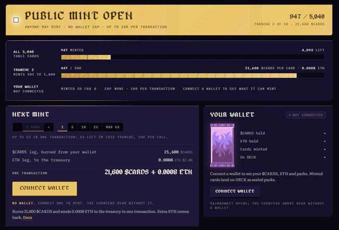 A screenshot of a 'PUBLIC MINT OPEN' webpage showing 947/5,040 table cards minted in tranche 2, with transaction details and a wallet connection interface.
