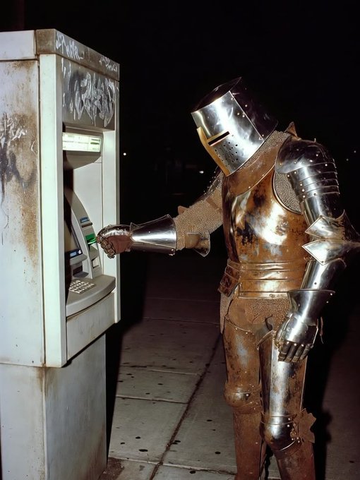 A person in full, rusted medieval plate armor using an ATM machine at night, with graffiti visible on the machine.