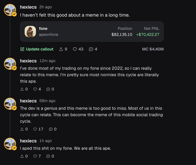 A user named "hexiecs" enthusiastically promotes a meme token called "fone" (apeonfone) on a social trading platform, celebrating a $70,422.27 gain on a $82,135.10 position with a $4.40M market cap, while humorously emphasizing that they trade "on my fone" (mobile)—aligning with the accompanying post's promotion of the "pumpfun app" for mobile social trading.