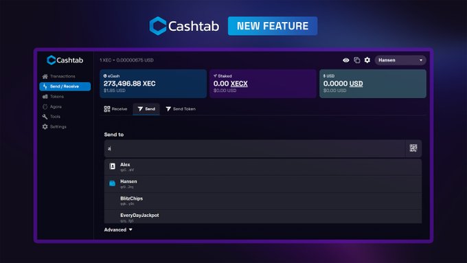 A Cashtab cryptocurrency wallet interface displays a "NEW FEATURE" banner at the top, showing a wallet balance of 273,496.88 XEC (XECX) with a USD value of 0.00001075, alongside options to Receive and Send tokens to contacts like Alex, Hansen, BlitzChips, and EveryDayJackpot.