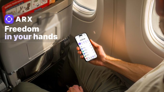 A promotional advertisement for the ARX app reading 'ARX - Freedom in your hands,' showing a person holding a smartphone displaying the app while seated in an airplane next to a window.
