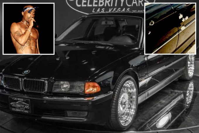 An image showcasing Tupac Shakur's black BMW from Celebrity Cars Las Vegas, with inset photos showing the rapper performing shirtless and close-ups of the vehicle.