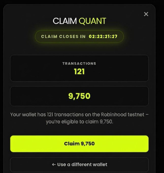 The image shows a "CLAIM QUANT" airdrop popup displaying 121 transactions and an eligible claim of 9,750 tokens, with a countdown of 02:22:21:27 remaining. It relates to the post's announcement of an unexpected $QUANT token airdrop for Robinhood chain users, showing the actual claim interface where eligible wallets can claim their tokens before the 72-hour window closes.