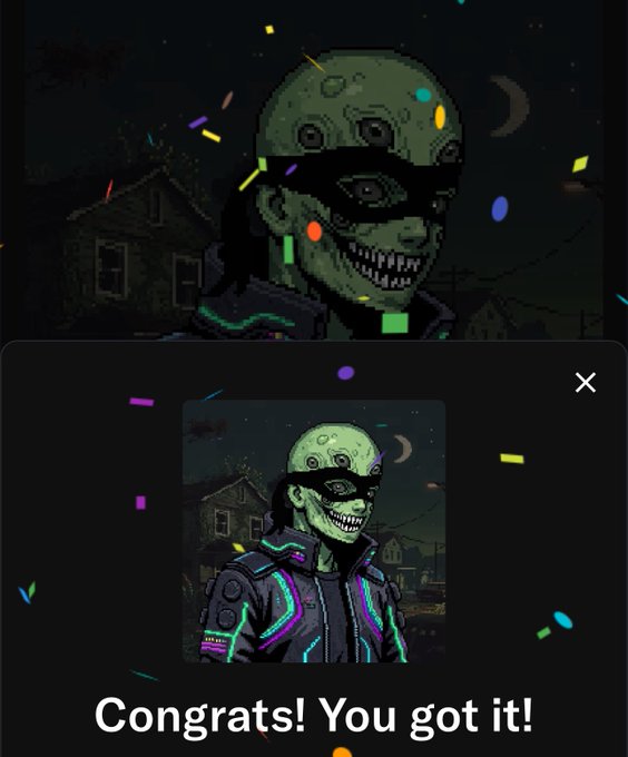 A pixel art illustration of a menacing green-skinned character with a wide grin and a black domino mask is shown, with a popup below reading 'Congrats! You got it!' surrounded by confetti.