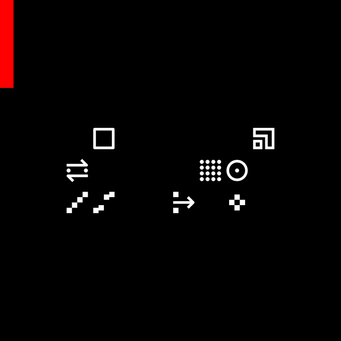 A black screen displaying a grid of white icons including a square, QR code symbol, music note, dot pattern, disc, pixelated lines, and an arrow, with a red vertical bar on the left edge.