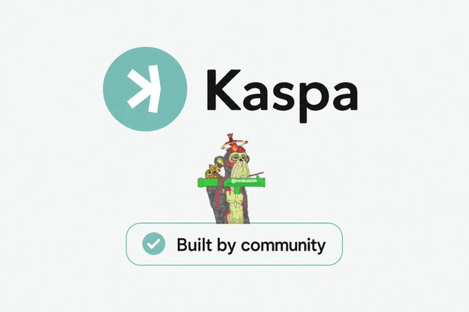 The Kaspa cryptocurrency logo featuring a teal circle with a white arrow symbol, accompanied by a colorful character illustration and a 'Built by community' badge.