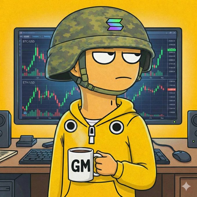 A cartoon character wearing a camouflage helmet with a Solana logo, sitting in front of trading screens showing BTC/USD and ETH/USD candlestick charts, holding a 'GM' mug.