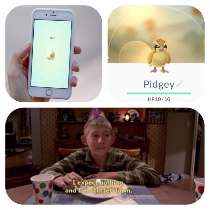 The image shows a collage of three photos related to the popular mobile game Pokémon. In one photo, a person's hand holds a phone displaying the Pokémon Pidgey, which has been recently released for the Nintendo Wii console. The other two photos show a boy sitting at a dining table with a plate in front of him and cups on either side, suggesting that he is about to enjoy his meal while playing the game.