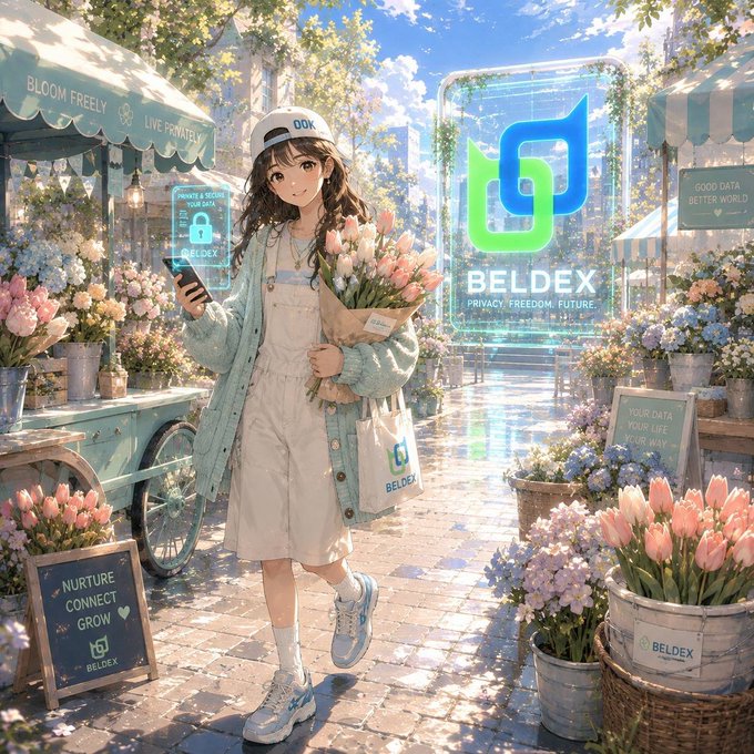An anime-style illustration of a girl in a white dress and green cardigan holding pink tulips at a flower market, with 'BELDEX' branding and the tagline 'PRIVACY. FREEDOM. FUTURE.' displayed prominently.