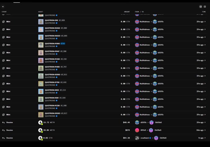 The image displays a transaction history showing multiple 0.00 ETH mints of various Quotrons NFTs, including #9497, #1528, #1567, #3003, #1547, #1334, #1469, #2560, #179, #452, #391, #1258, and #3053, all from the same address, along with the corresponding context that a 25 ETH floor price is set for the @Quotrons404 collection.