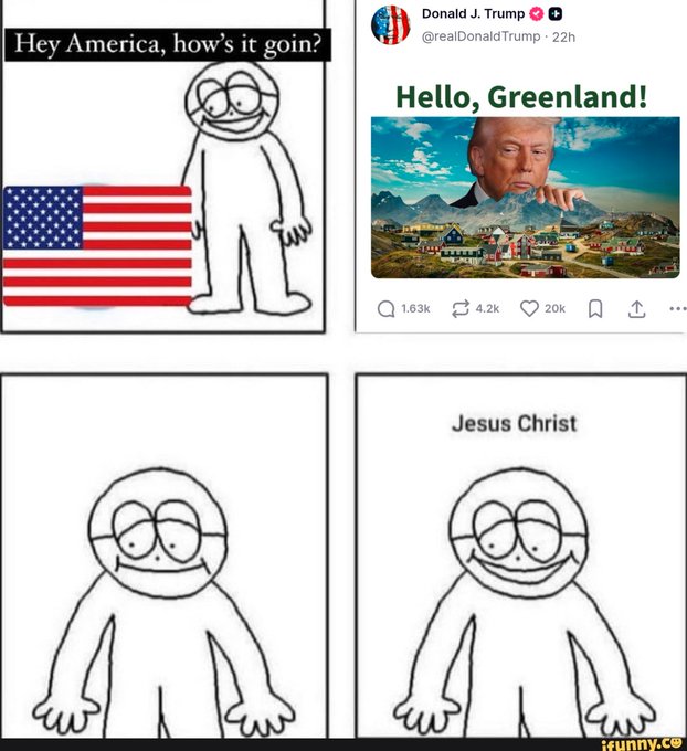 The image shows four cartoon-like illustrations depicting different scenarios related to the Donald Trump presidency. The first illustration features a cartoon man holding an American flag while talking about "Hello, Greenland!". The second illustration depicts a cartoon man with glasses wearing a Santa hat and talking about Jesus Christ. The third illustration shows a cartoon man in a suit giving a speech at a political event. The fourth illustration is a cartoon man with a microphone speaking to the crowd.